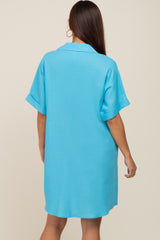 Light Blue Linen Collared Front Pocket Short Sleeve Maternity Dress