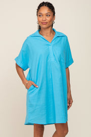 Light Blue Linen Collared Front Pocket Short Sleeve Dress