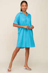 Light Blue Linen Collared Front Pocket Short Sleeve Dress