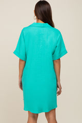 Aqua Linen Collared Front Pocket Short Sleeve Maternity Dress