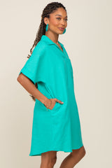 Aqua Linen Collared Front Pocket Short Sleeve Dress