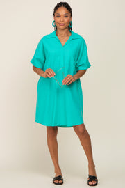 Aqua Linen Collared Front Pocket Short Sleeve Dress