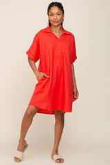 Orange Linen Collared Front Pocket Short Sleeve Dress