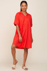 Orange Linen Collared Front Pocket Short Sleeve Dress