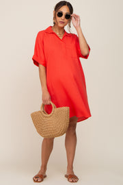 Orange Linen Collared Front Pocket Short Sleeve Maternity Dress