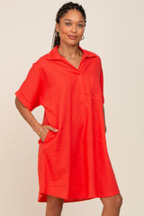 Orange Linen Collared Front Pocket Short Sleeve Dress