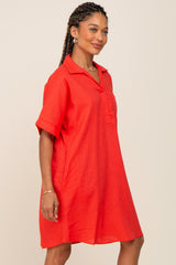 Orange Linen Collared Front Pocket Short Sleeve Dress