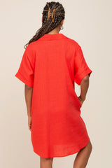 Orange Linen Collared Front Pocket Short Sleeve Dress