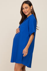 Royal Blue Linen Collared Front Pocket Short Sleeve Maternity Dress