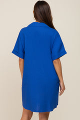 Royal Blue Linen Collared Front Pocket Short Sleeve Maternity Dress