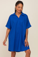 Royal Blue Linen Collared Front Pocket Short Sleeve Dress