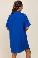 Royal Blue Linen Collared Front Pocket Short Sleeve Dress