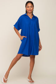 Royal Blue Linen Collared Front Pocket Short Sleeve Dress