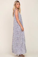 Grey Animal Print Shoulder Tie Maxi Dress