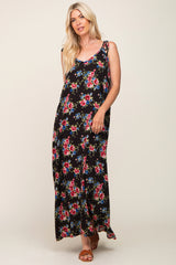 Black Floral Shoulder Tie Maternity Maxi Dress