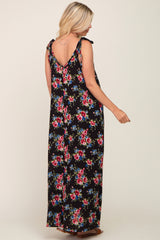 Black Floral Shoulder Tie Maxi Dress