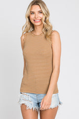 Mocha Striped Ruffle Trim Sleeveless Top