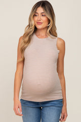 Taupe Striped Ruffle Trim Maternity Sleeveless Top