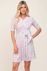 Ivory Floral Wrap Front V-Neck Short Sleeve Maternity Dress