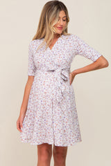 Ivory Floral Wrap Front V-Neck Short Sleeve Maternity Dress