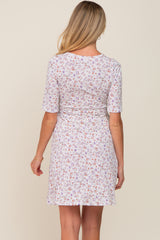 Ivory Floral Wrap Front V-Neck Short Sleeve Maternity Dress