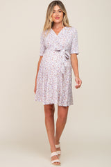 Ivory Floral Wrap Front V-Neck Short Sleeve Maternity Dress