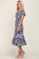 Blue Floral Short Flutter Sleeve Midi Dress