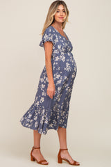 Blue Floral Short Flutter Sleeve Maternity Midi Dress