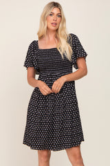 Black Printed Smocked Flutter Sleeve Maternity Dress