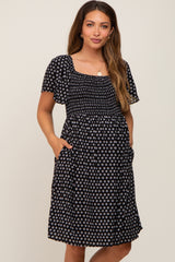 Black Printed Smocked Flutter Sleeve Maternity Dress