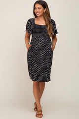 Black Printed Smocked Flutter Sleeve Maternity Dress