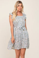 Light Blue Floral Flutter Sleeve Waist Tie Dress