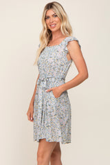 Light Blue Floral Flutter Sleeve Waist Tie Dress