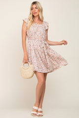 Cream Floral Flutter Sleeve Waist Tie Dress