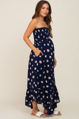 Navy Daisy Smocked Strapless Maternity Midi Dress