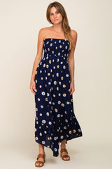 Navy Daisy Smocked Strapless Maternity Midi Dress