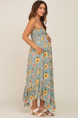 Light Olive Floral Smocked Strapless Maternity Midi Dress