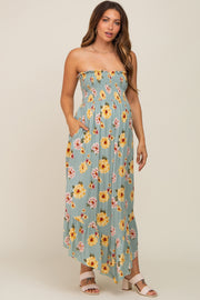 Light Olive Floral Smocked Strapless Maternity Midi Dress