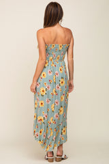 Light Olive Floral Smocked Strapless Midi Dress