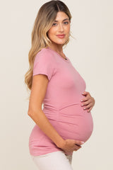 Pink Side Ruched Short Sleeve Maternity Top