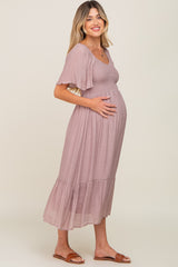 Mauve Smocked Ruffle Hem Maternity Maxi Dress