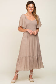 Mocha Smocked Ruffle Hem Maxi Dress