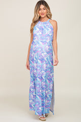 Blue Floral Halter Side Slit Maternity Maxi Dress