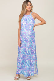 Blue Floral Halter Side Slit Maternity Maxi Dress