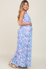 Blue Floral Halter Side Slit Maternity Maxi Dress