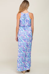 Blue Floral Halter Side Slit Maternity Maxi Dress