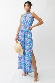 Blue Floral Halter Side Slit Maxi Dress