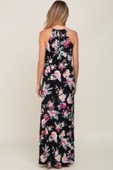 Black Floral Halter Side Slit Maternity Maxi Dress