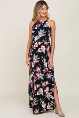 Black Floral Halter Side Slit Maternity Maxi Dress