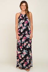 Black Floral Halter Side Slit Maxi Dress